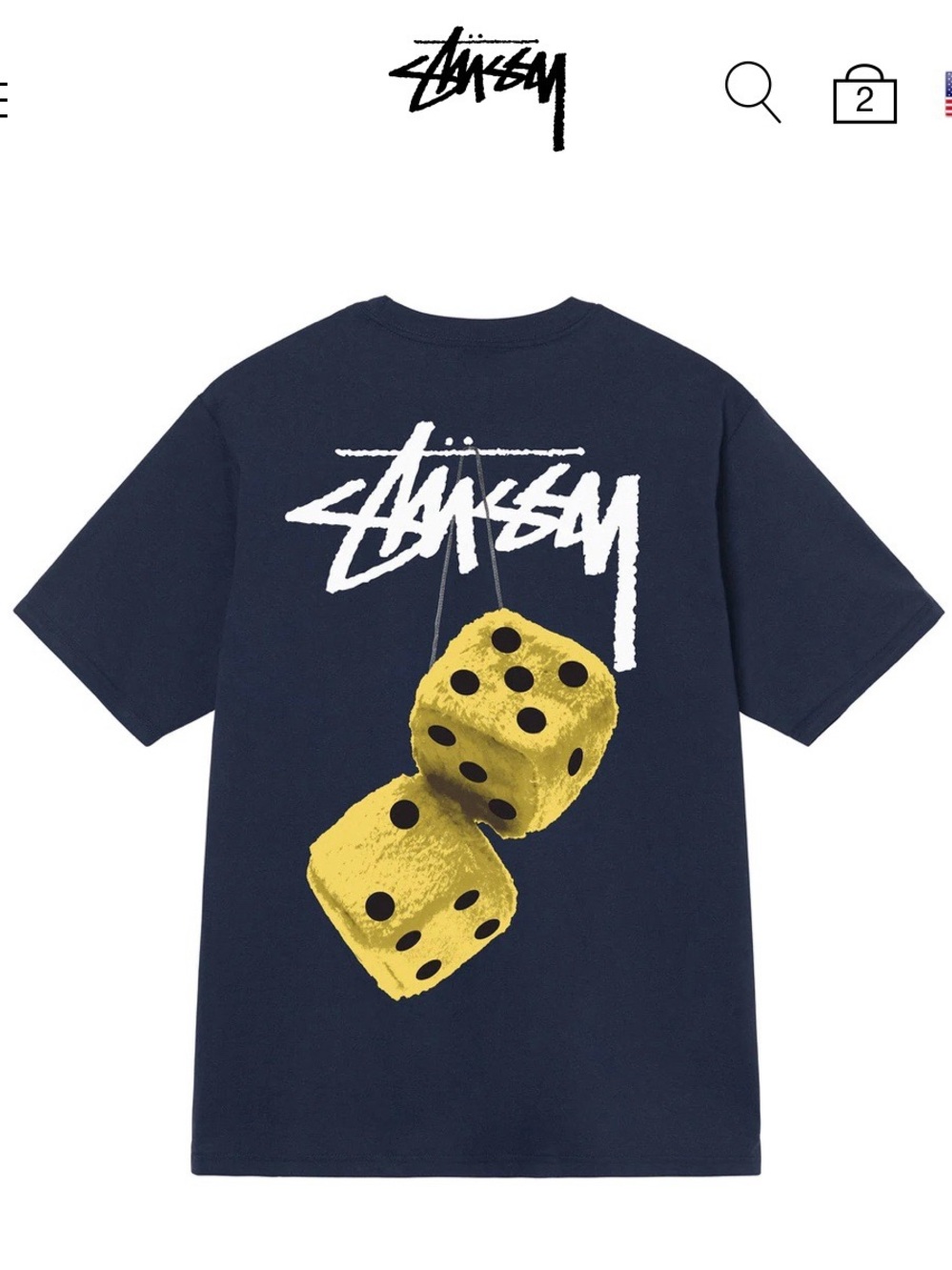 NWT Stussy Fuzzy Dice Tee - Short Sleeve T-shirt Navy/Yellow Size Large new